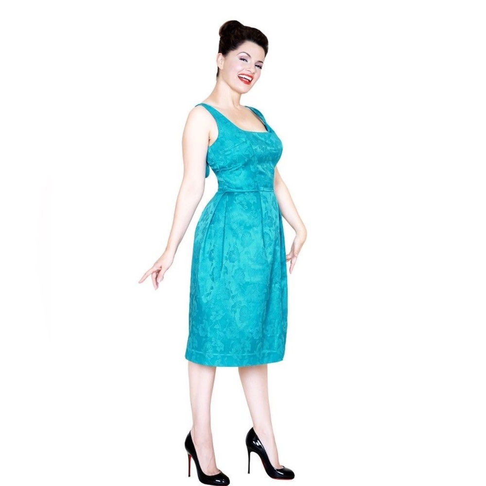Retro 1950s Style Blue Floral Brocade Cocktail Dress XS EUC